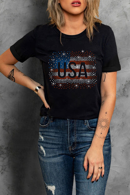 USA Rhinestone Round Neck Short Sleeve T-Shirt