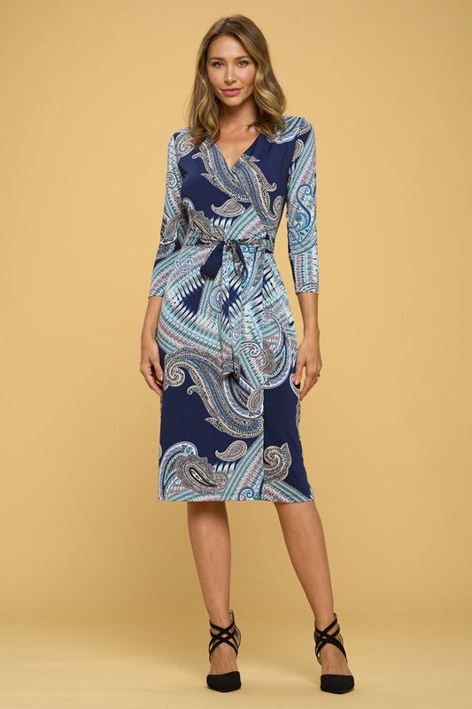 Print V neck Jersey Wrap Dress with Tie