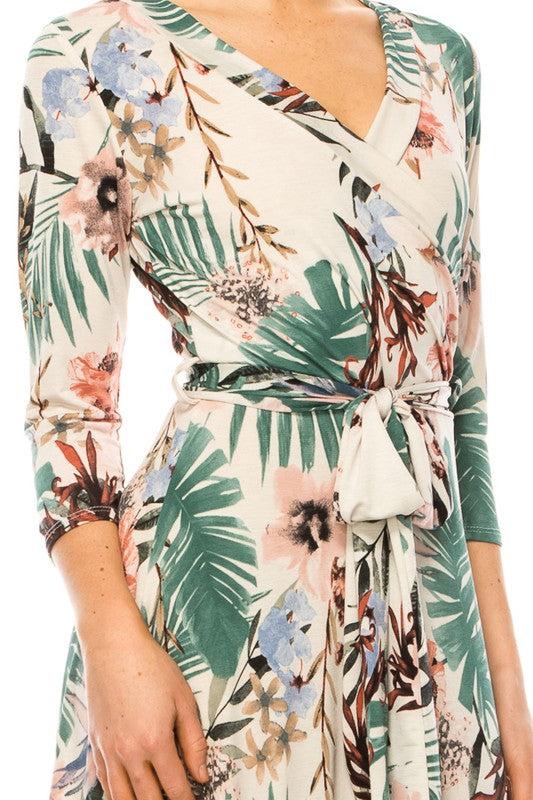 Floral print, faux wrap dress with deep V-neck