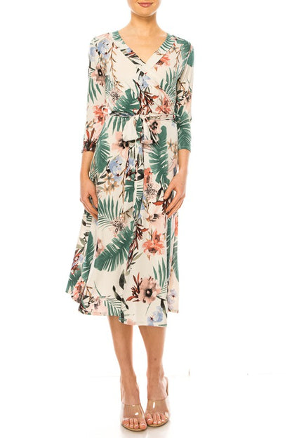 Floral print, faux wrap dress with deep V-neck