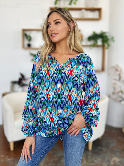 Double Take Full Size Printed Balloon Sleeve Blouse