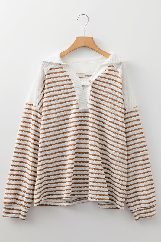 Khaki Stripe Buttoned V Neck Textured Hooded Plus Size Top