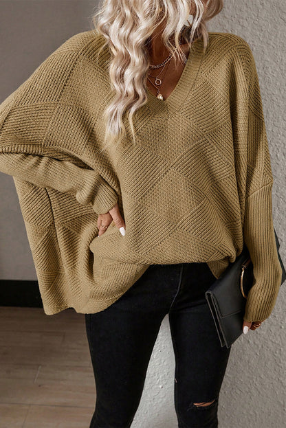 Camel Checkered Textured Batwing Sleeve Sweater