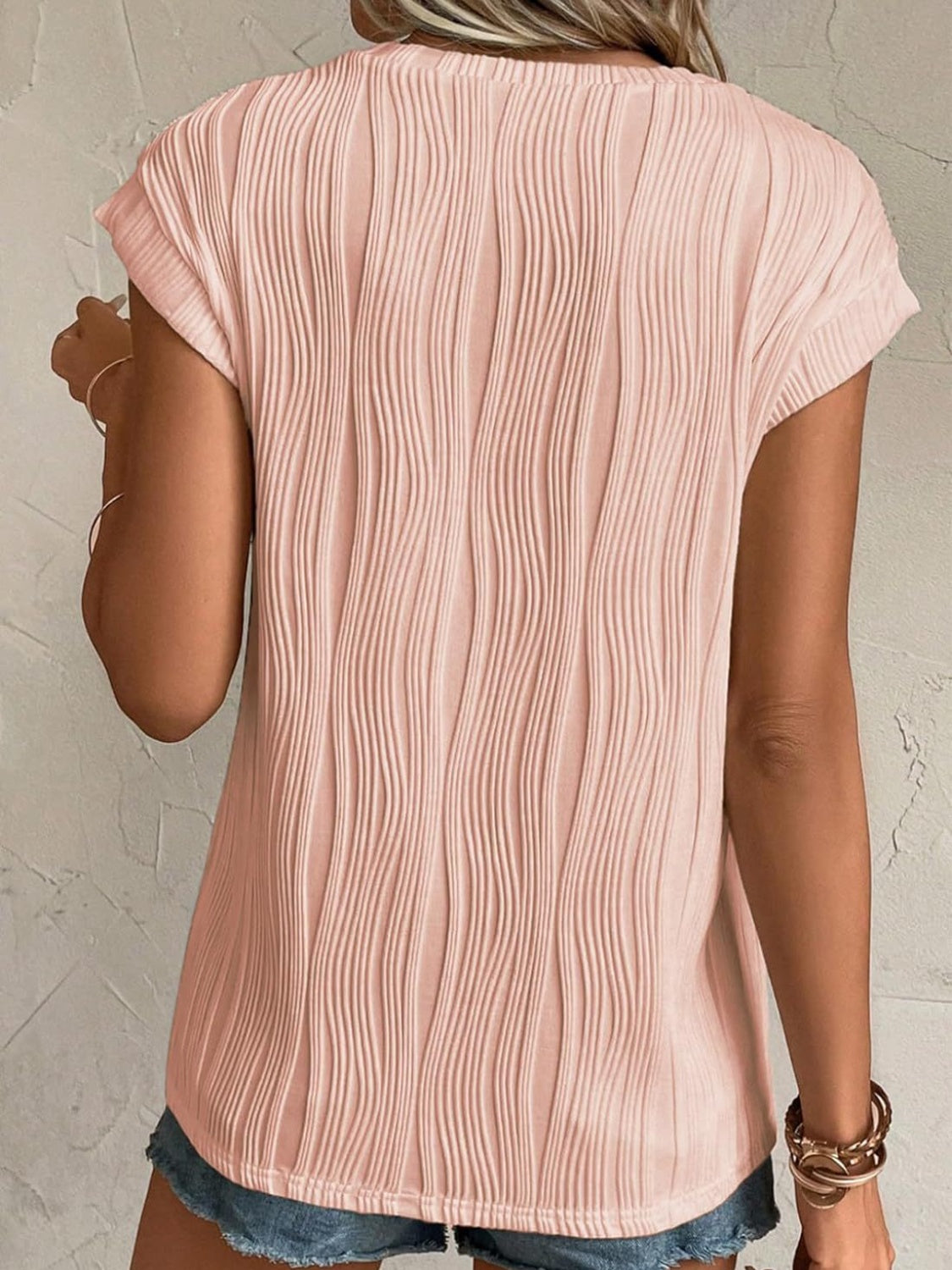 Textured Round Neck Cap Sleeve T-Shirt