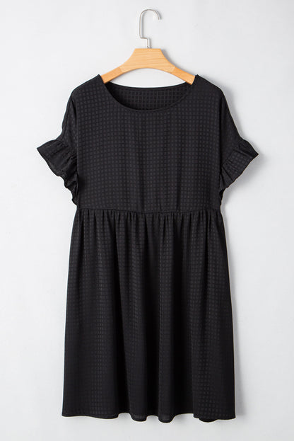 Black Textured Ruffled Sleeve Babydoll Plus Dress