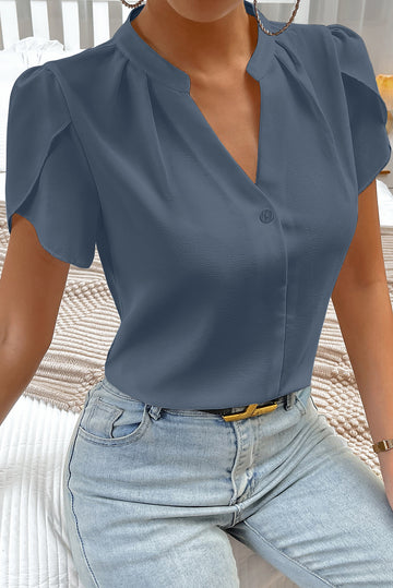 Sail Blue Silky Notched Neckline Petal Sleeve Blouse