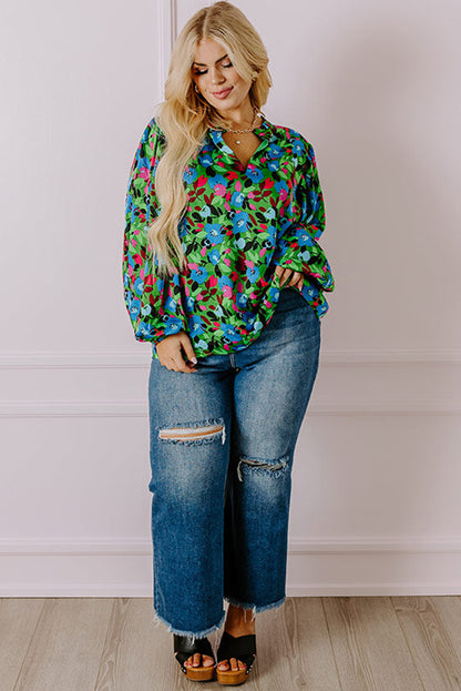 Green Plus Size Floral Bubble Sleeve V Neck Blouse