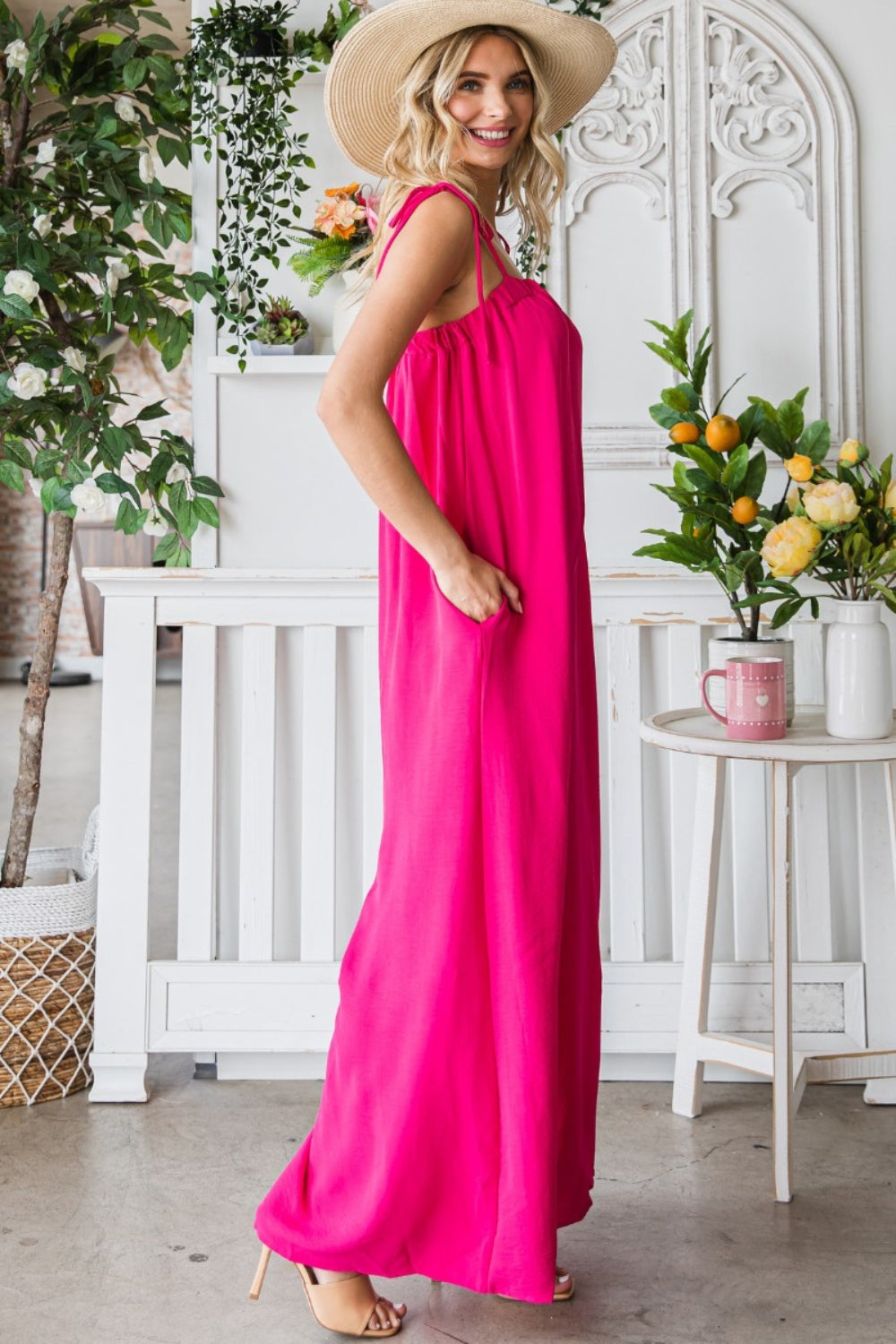 Veveret Pocketed Spaghetti Strap Wide Leg Jumpsuit