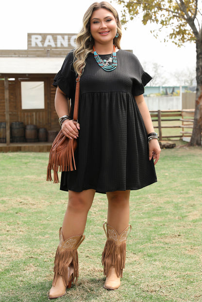 Black Textured Ruffled Sleeve Babydoll Plus Dress