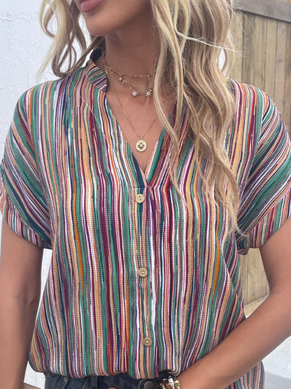 Striped Notched Short Sleeve Blouse