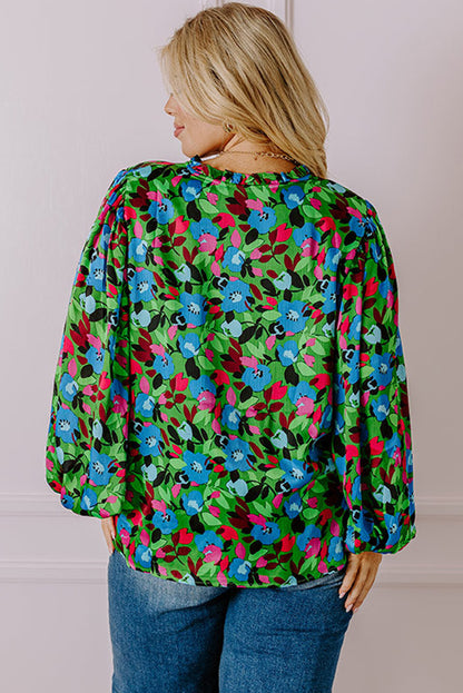 Green Plus Size Floral Bubble Sleeve V Neck Blouse