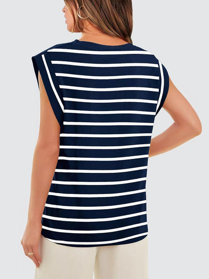 Striped Round Neck Cap Sleeve T-Shirt