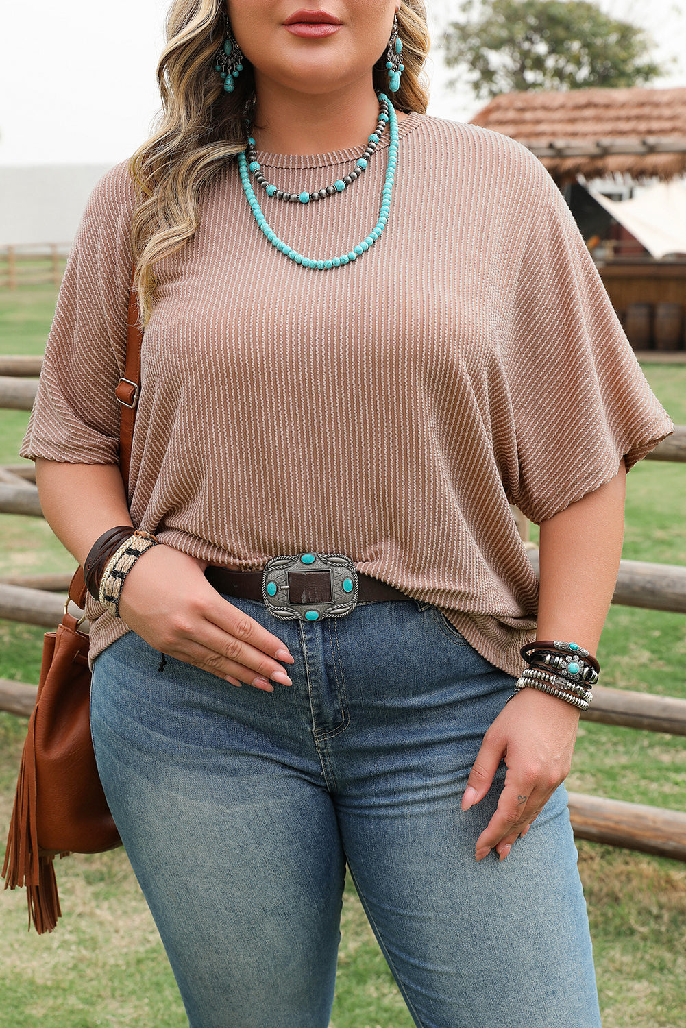 Smoke Gray Ribbed Striped Crew Neck Plus Size Knit T Shirt