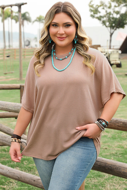 Smoke Gray Ribbed Striped Crew Neck Plus Size Knit T Shirt