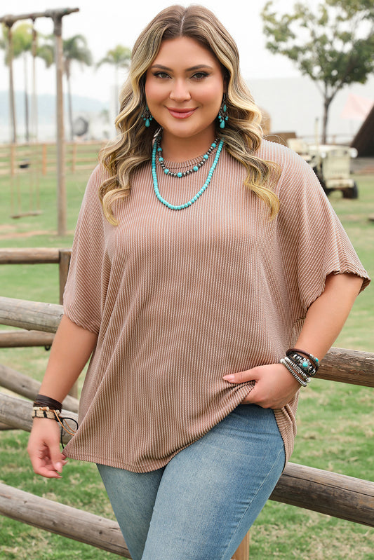 Smoke Gray Ribbed Striped Crew Neck Plus Size Knit T Shirt