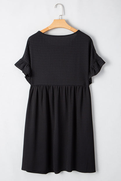 Black Textured Ruffled Sleeve Babydoll Plus Dress