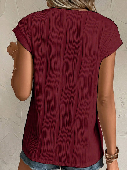 Textured Round Neck Cap Sleeve T-Shirt