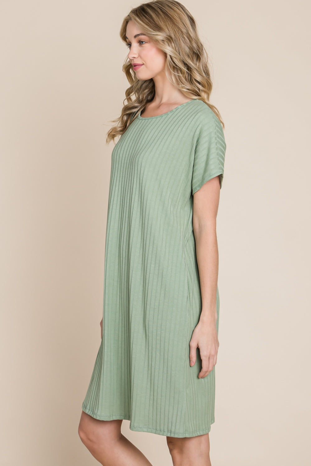 BOMBOM Ribbed Round Neck Short Sleeve Dress