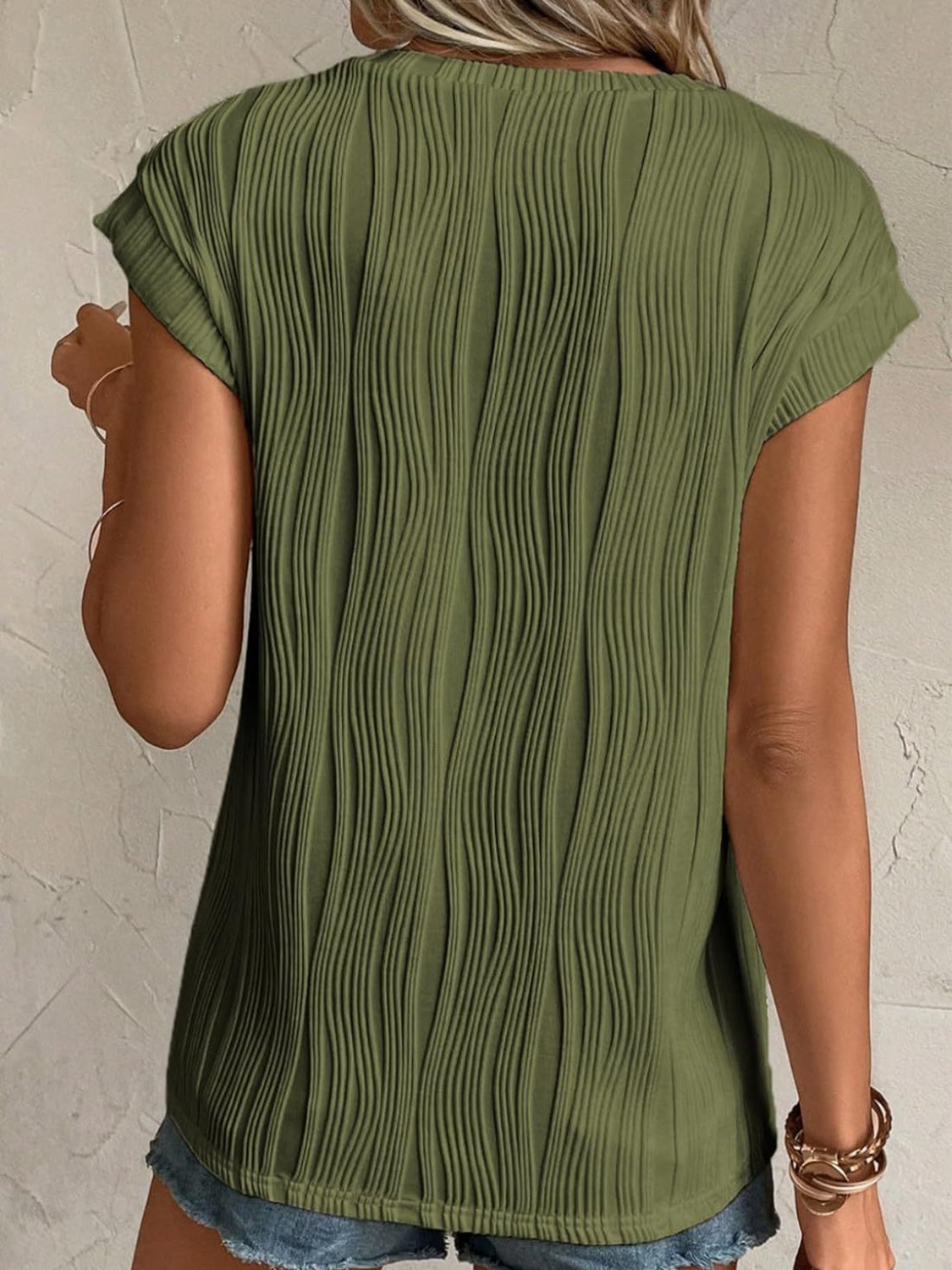 Textured Round Neck Cap Sleeve T-Shirt