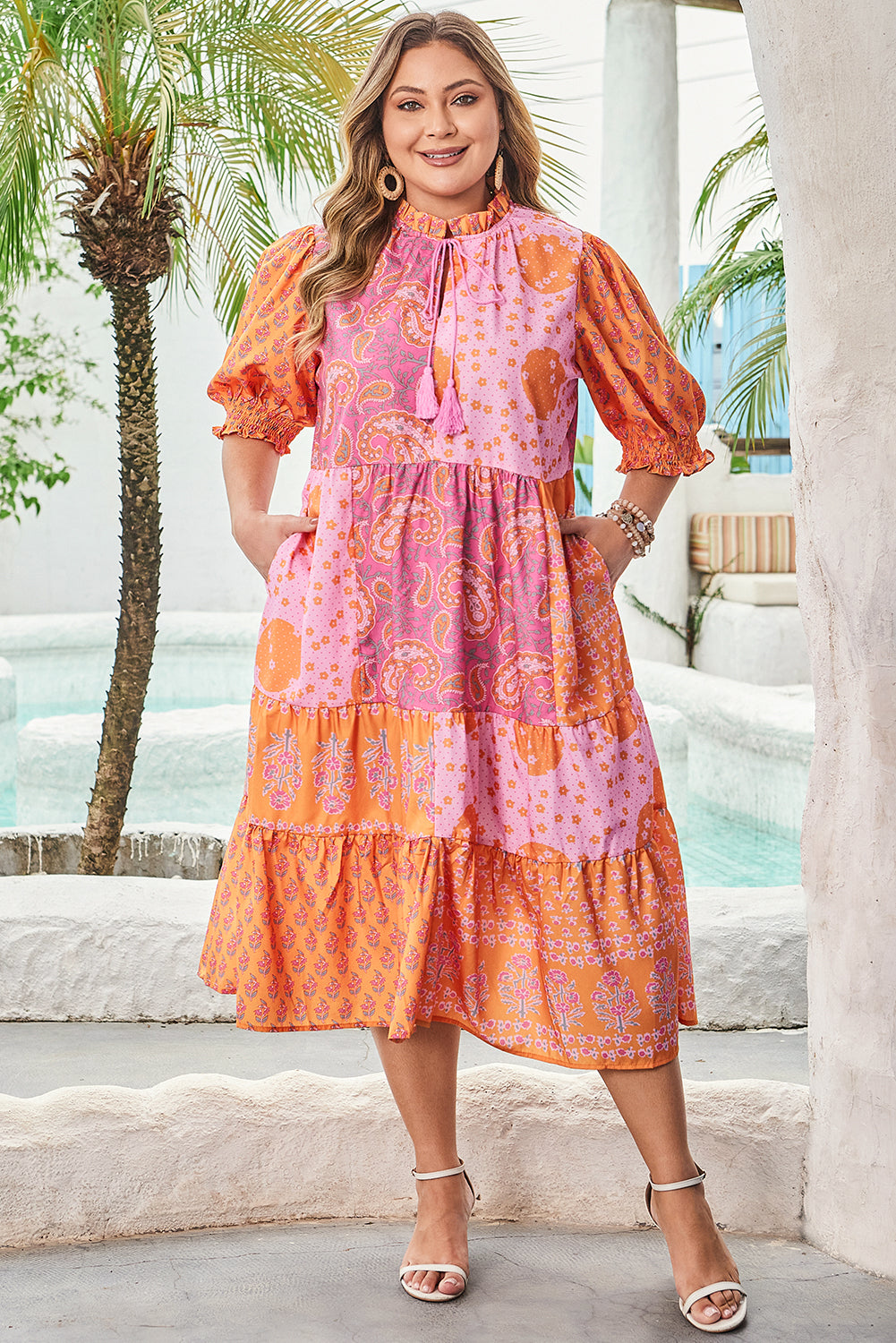 Pink Boho Paisley Floral Mixed Patchwork Tassel Tie Plus Size Midi Dress