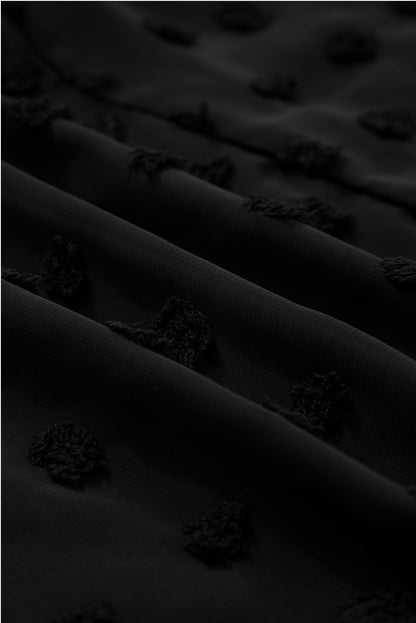 Black Dotty Textured Notched Neck Plus Ruffled Dress