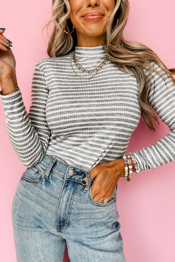 Gray Stripe Ribbed High Neck Slim Fit Long Sleeve Top