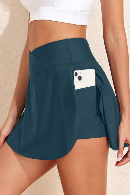 Sea Green Solid Pocketed Crossover High Waist Swim Skort