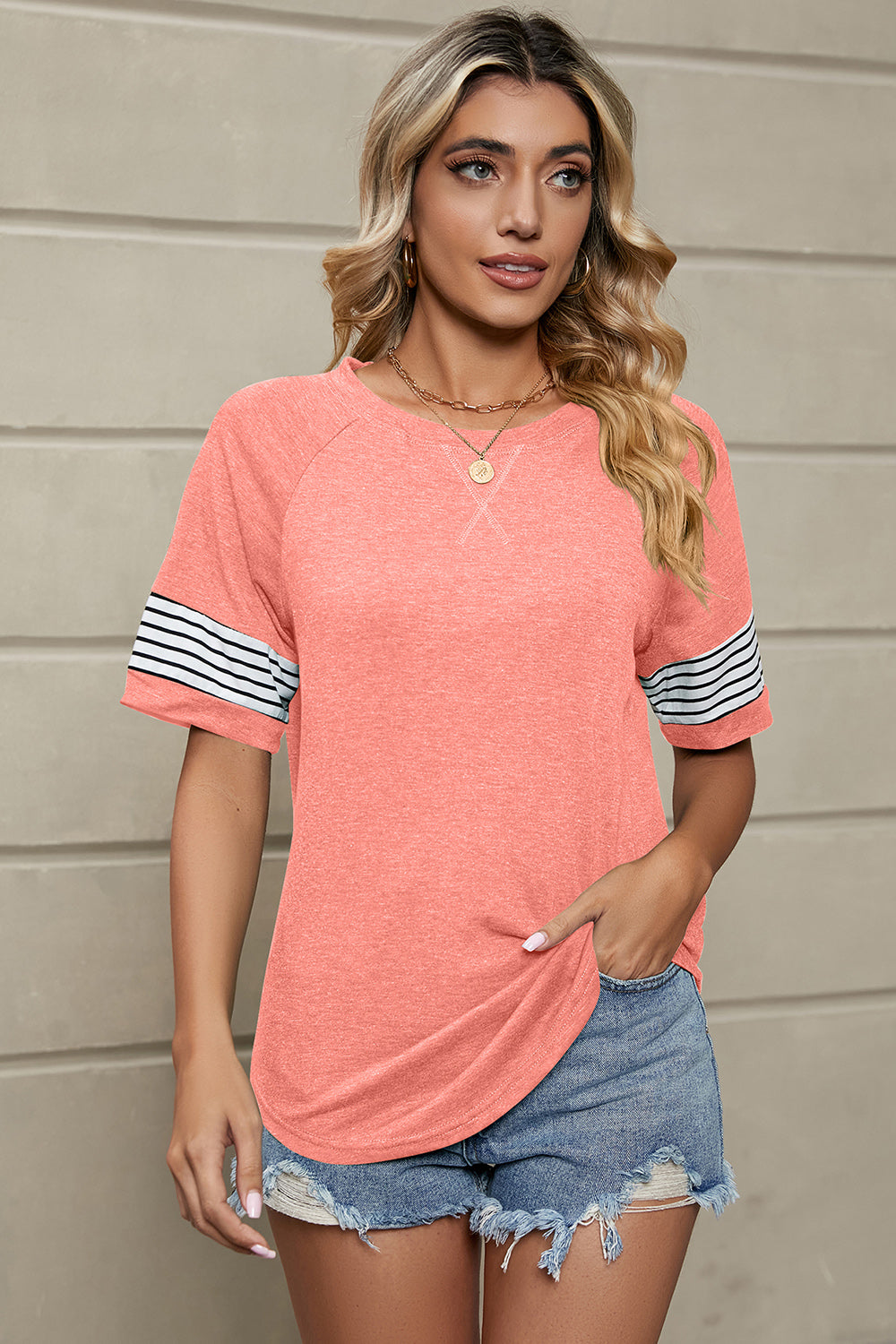 Striped Round Neck Short Sleeve T-Shirt