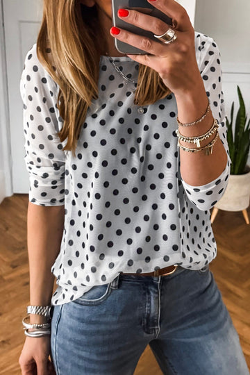 Black Polka Dot Sheer Mesh Long Sleeve Round Neck Shift Top