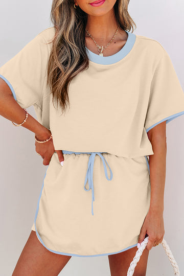 Evergreen Colorblock Edge Drop Shoulder T Shirt and Skort 2Pcs Set