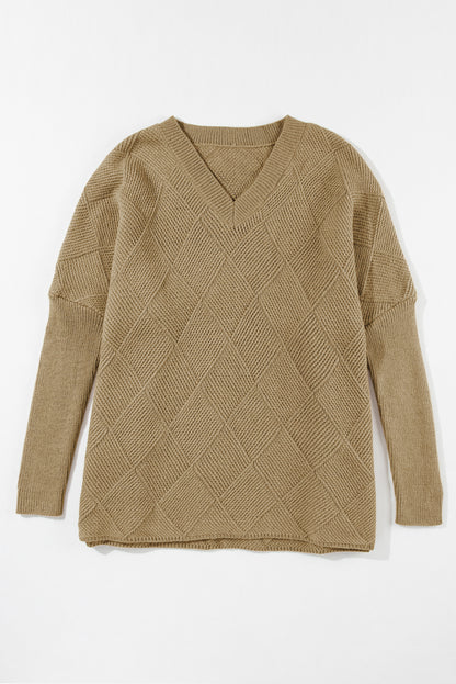 Camel Checkered Textured Batwing Sleeve Sweater