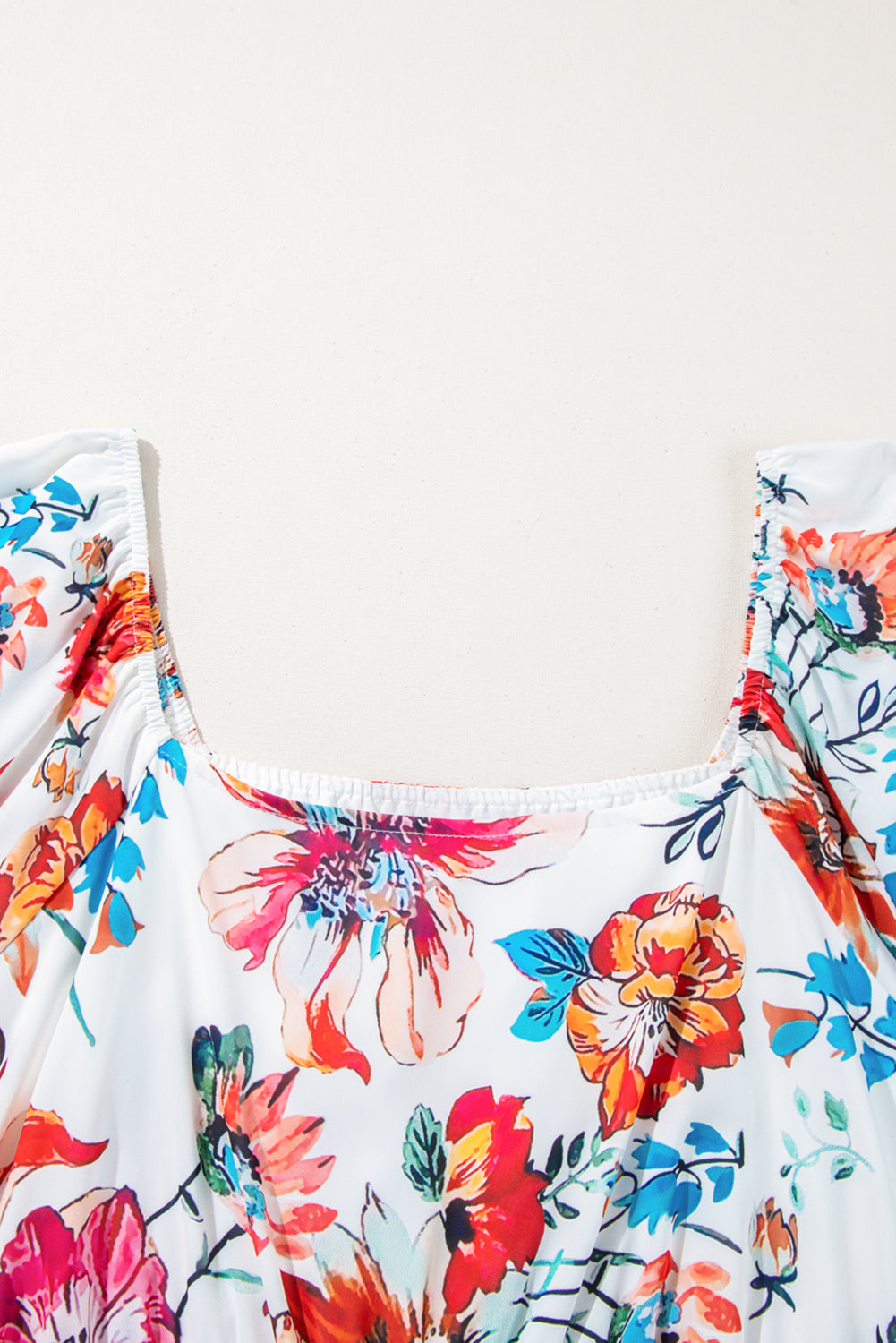 White Floral Square Neck Puff Sleeve Flowy Plus Size Midi Dress