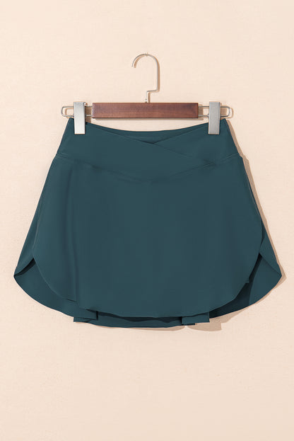 Sea Green Solid Pocketed Crossover High Waist Swim Skort