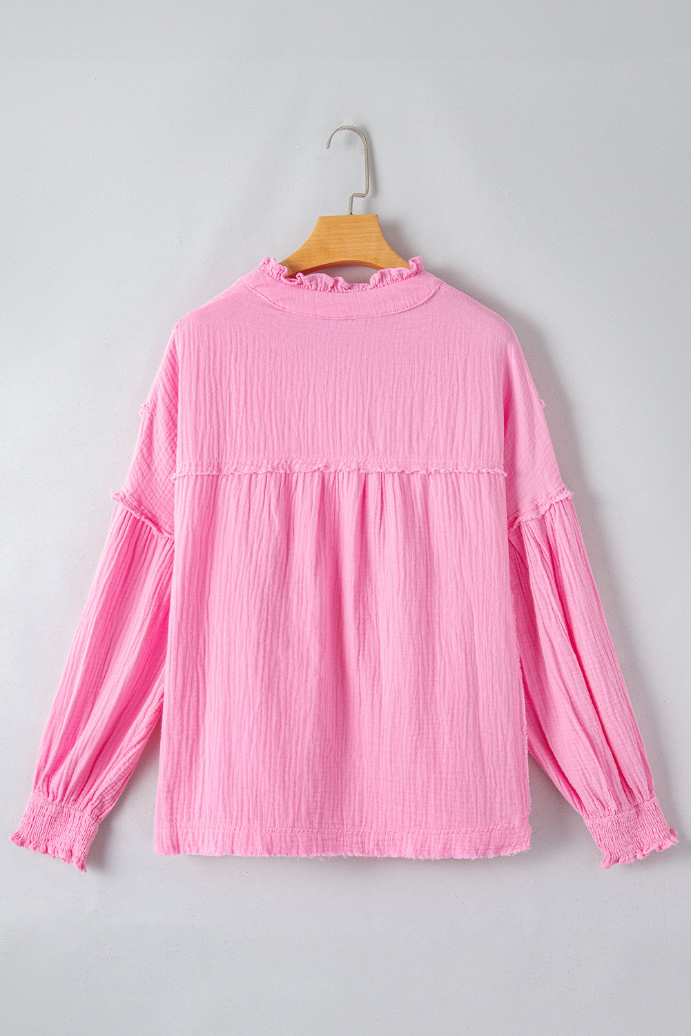 Pink Retro Frilled Seam Crinkle Puff Sleeve Blouse