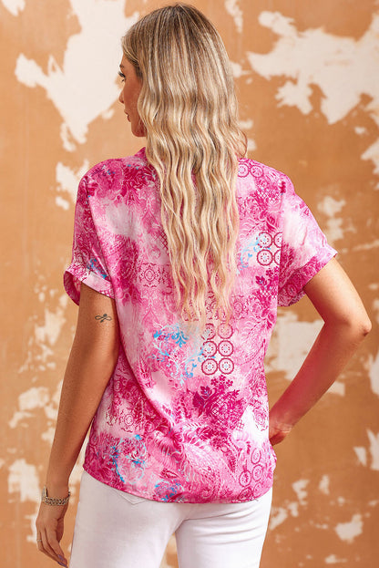 Floral Notched Neck Short Sleeve Top