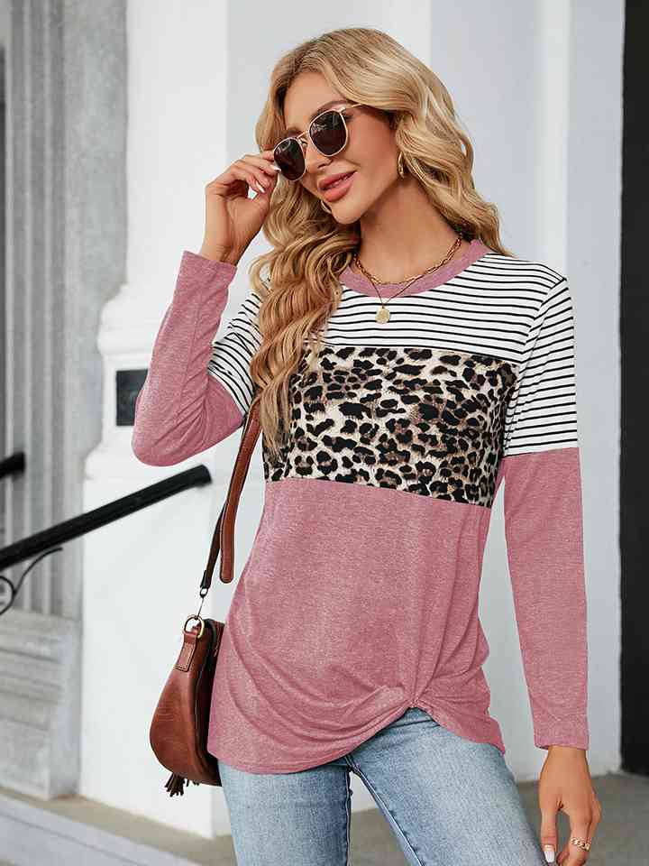 Color Block Round Neck Long Sleeve Blouse