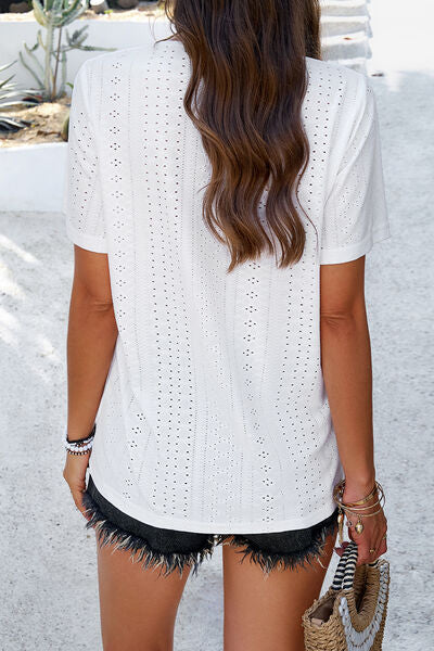 Eyelet Decorative Button V-Neck T-Shirt