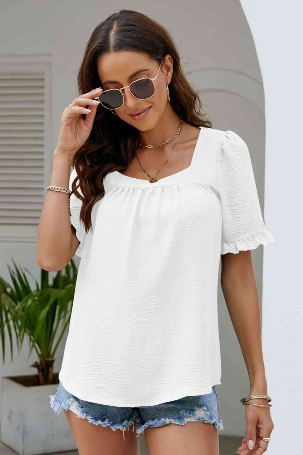 Frill Trim Puff Sleeve Square Neck Blouse