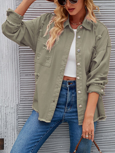 Distressed Raw Hem Button Up Denim Jacket