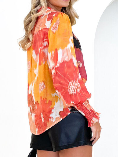 Printed Lantern Sleeve Button Up Shirt