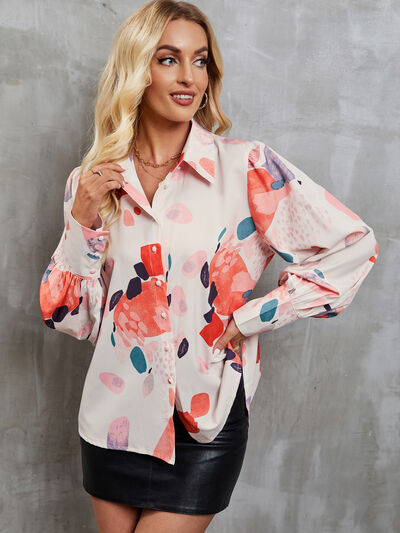 Printed Button Up Lantern Sleeve Shirt