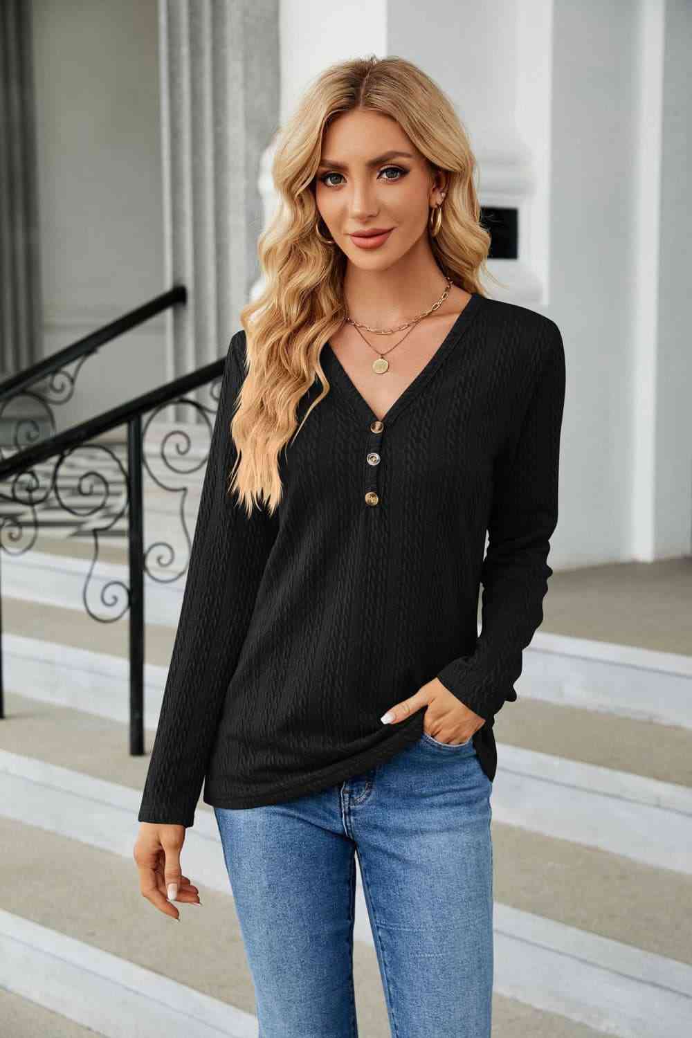 Cable-Knit Long Sleeve V-Neck T-Shirt