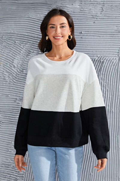 Color Block Round Neck Long Sleeve Sweatshirt