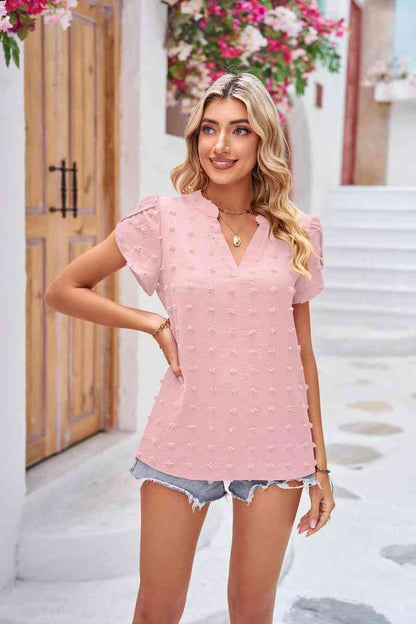 Swiss Dot Petal Sleeve Notched Top