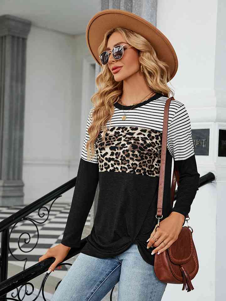 Color Block Round Neck Long Sleeve Blouse