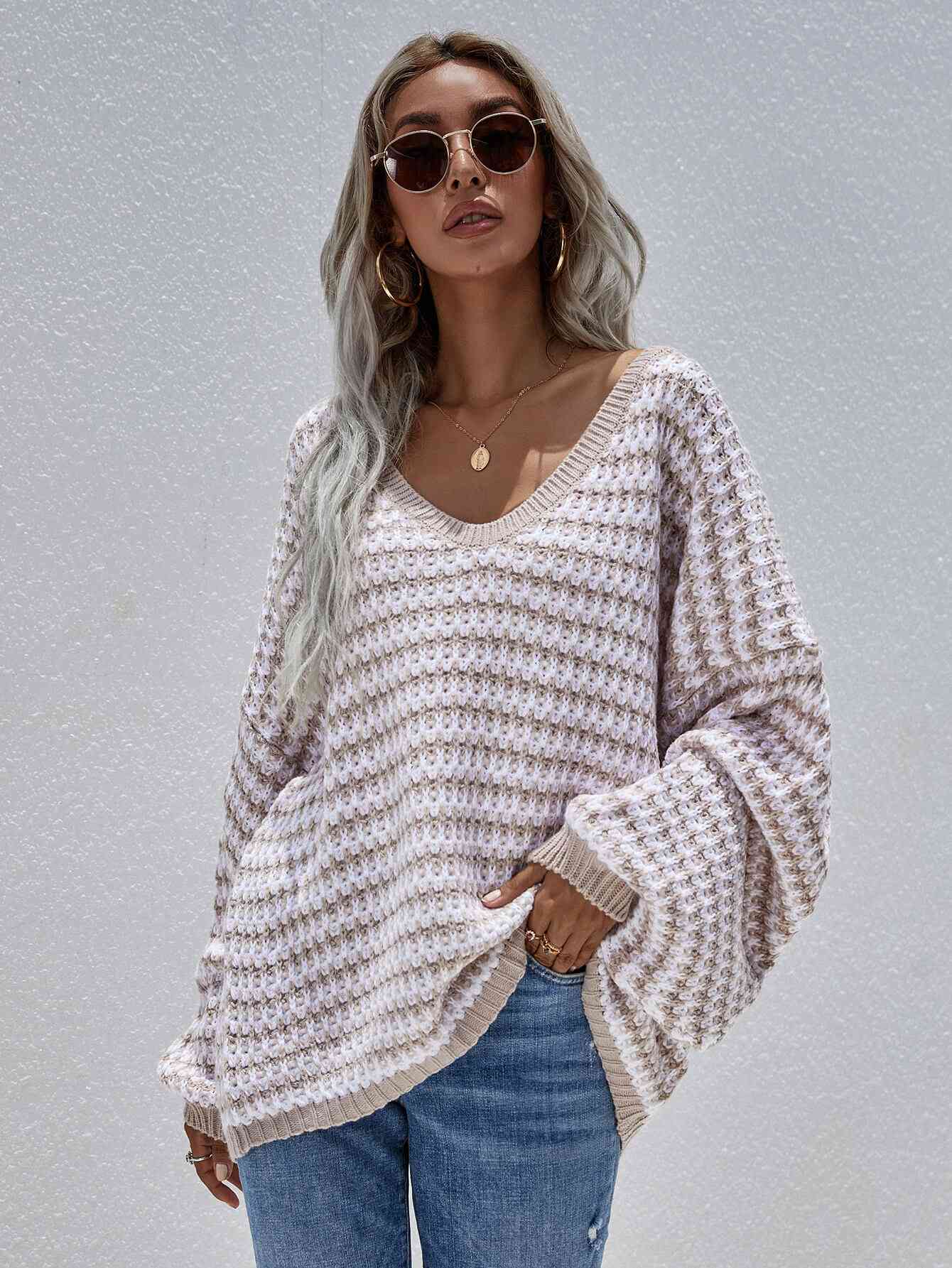 Striped Drop Shoulder V-Neck Pullover Sweater