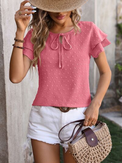 Swiss Dot Tie-Neck Flutter Sleeve Blouse