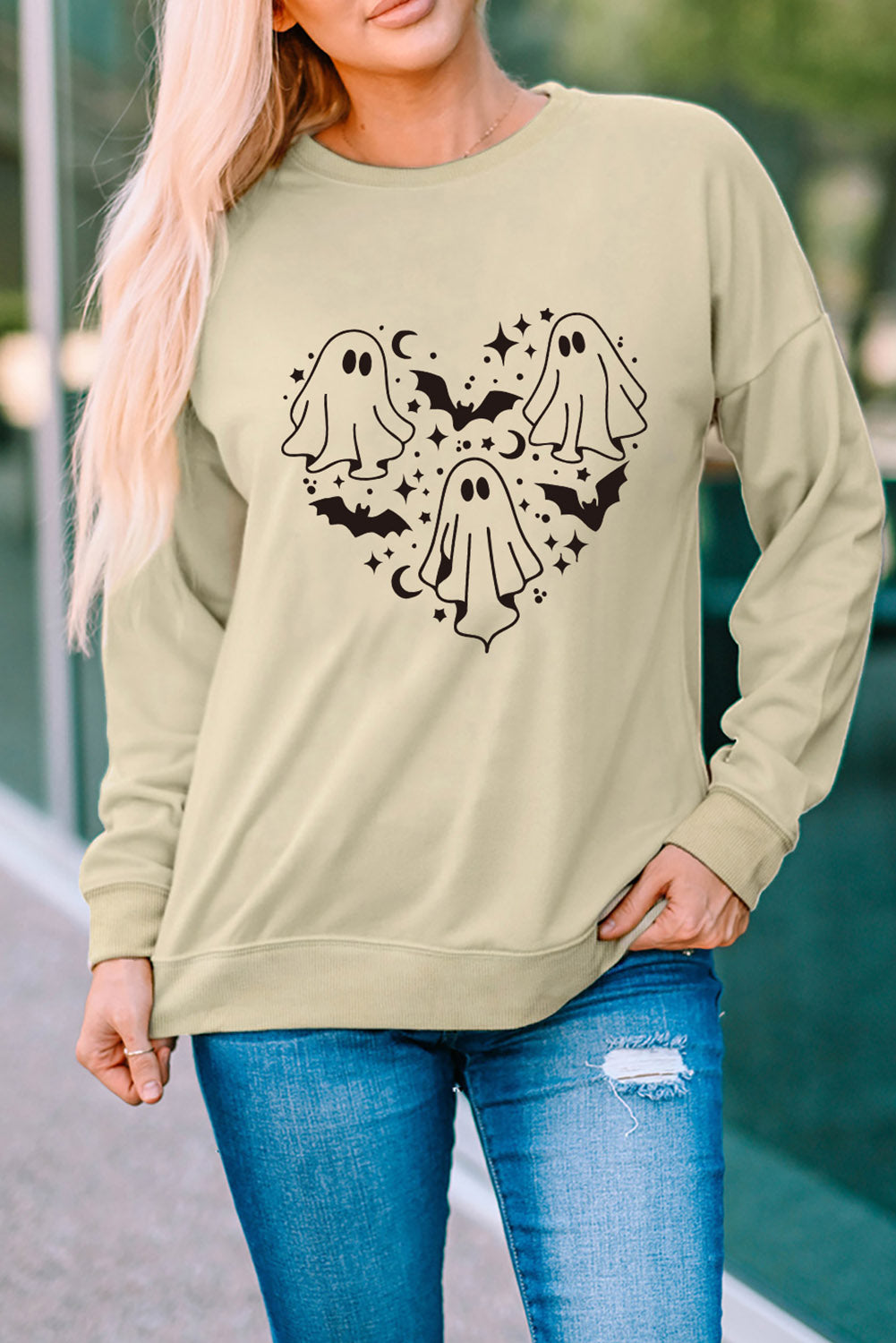 Round Neck Dropped Shoulder Ghost Graphic Sweatshirt