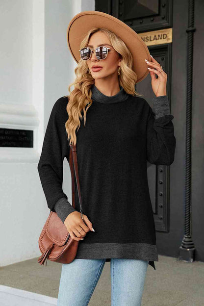 Turtle Neck Long Sleeve Slit Blouse