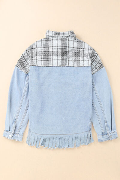 Plaid Pocketed Snap Down Denim Jacket